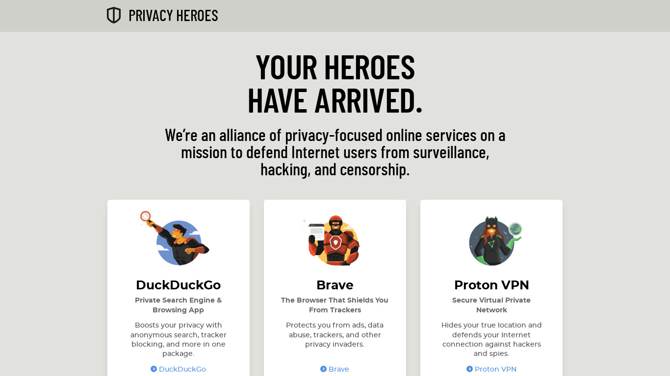 Privacy Heroes Landing page