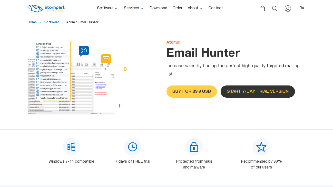 Atomic Email Hunter Landing page
