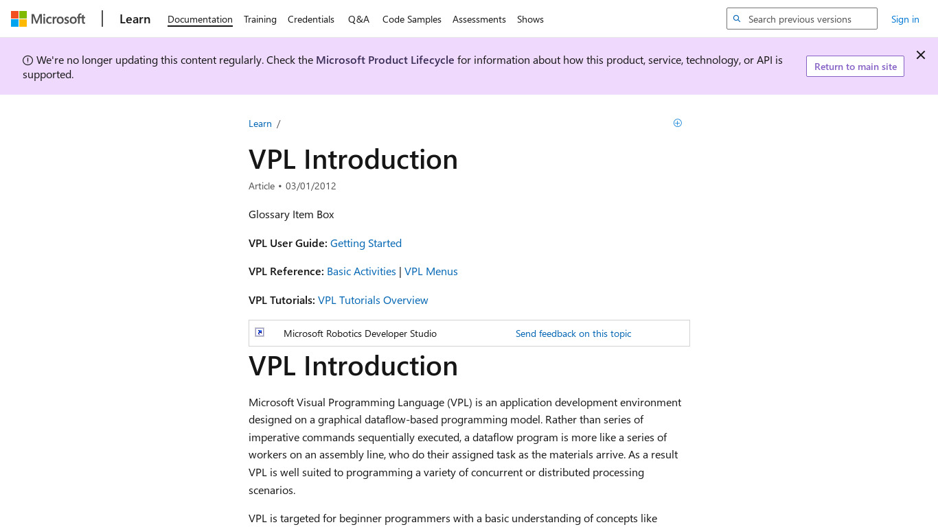 Microsoft Visual Programming Language Landing page