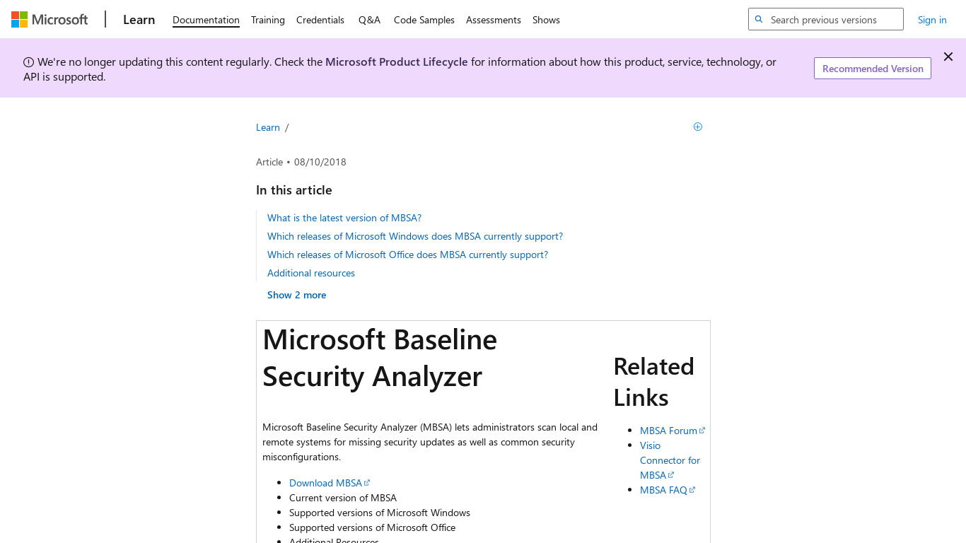 Microsoft Baseline Security Analyzer Landing page