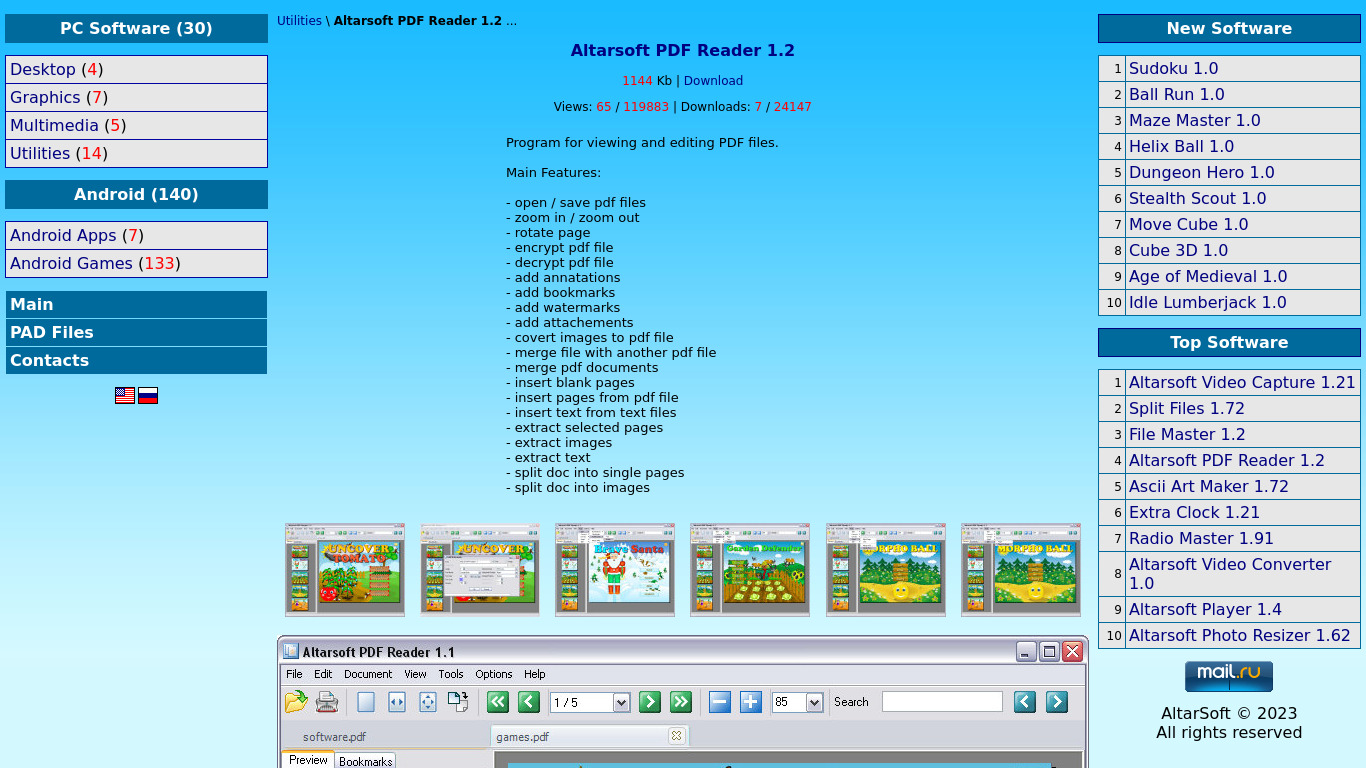 Altarsoft PDF Reader Landing page
