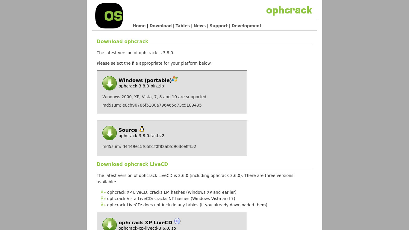 ophcrack Landing page