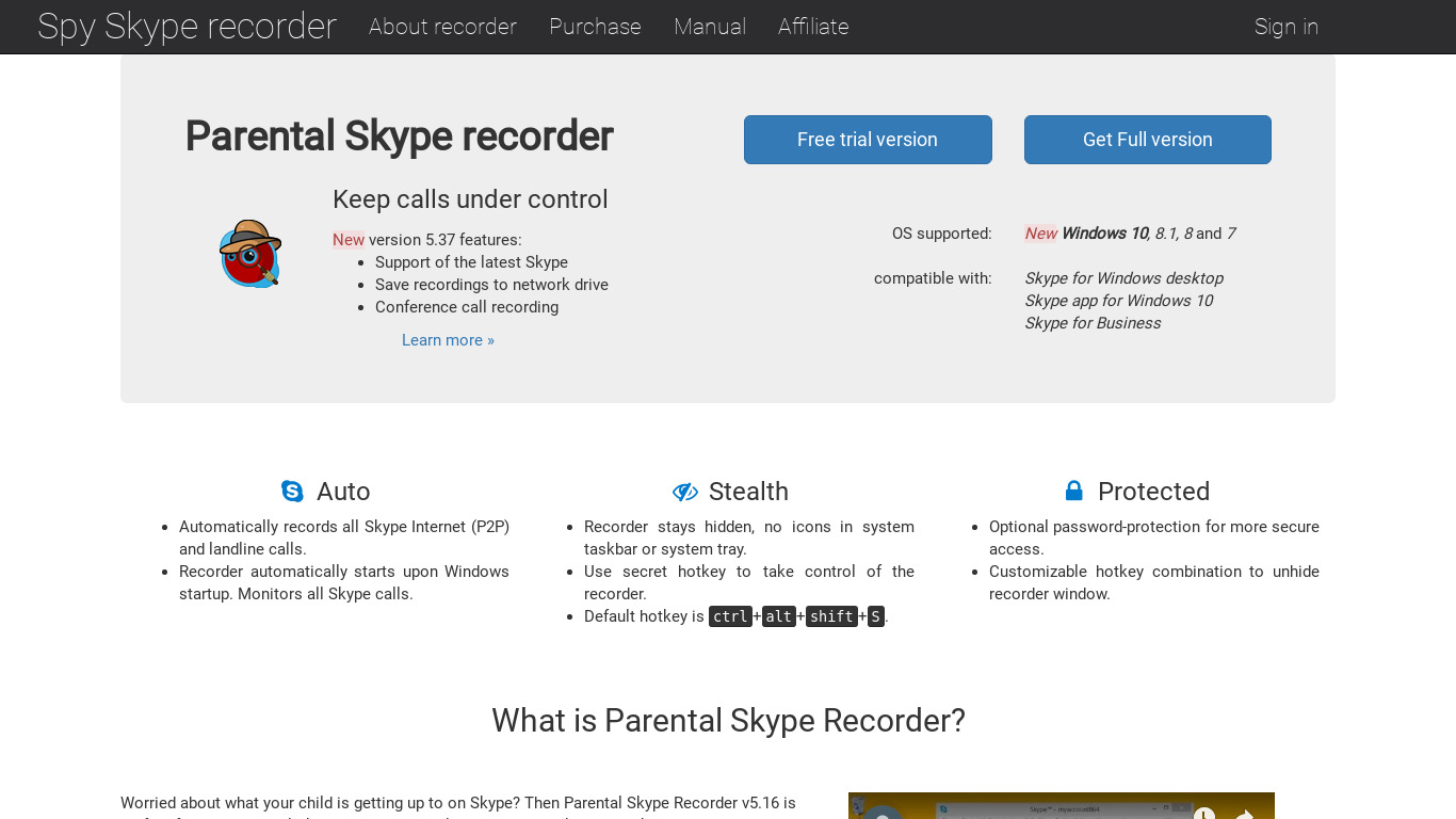Parental Skype Recorder Landing page