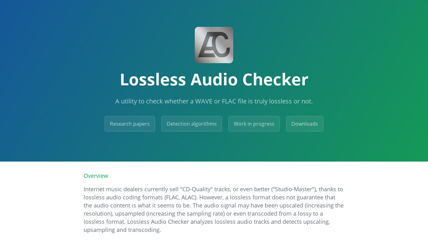 Lossless Audio Checker Landing page