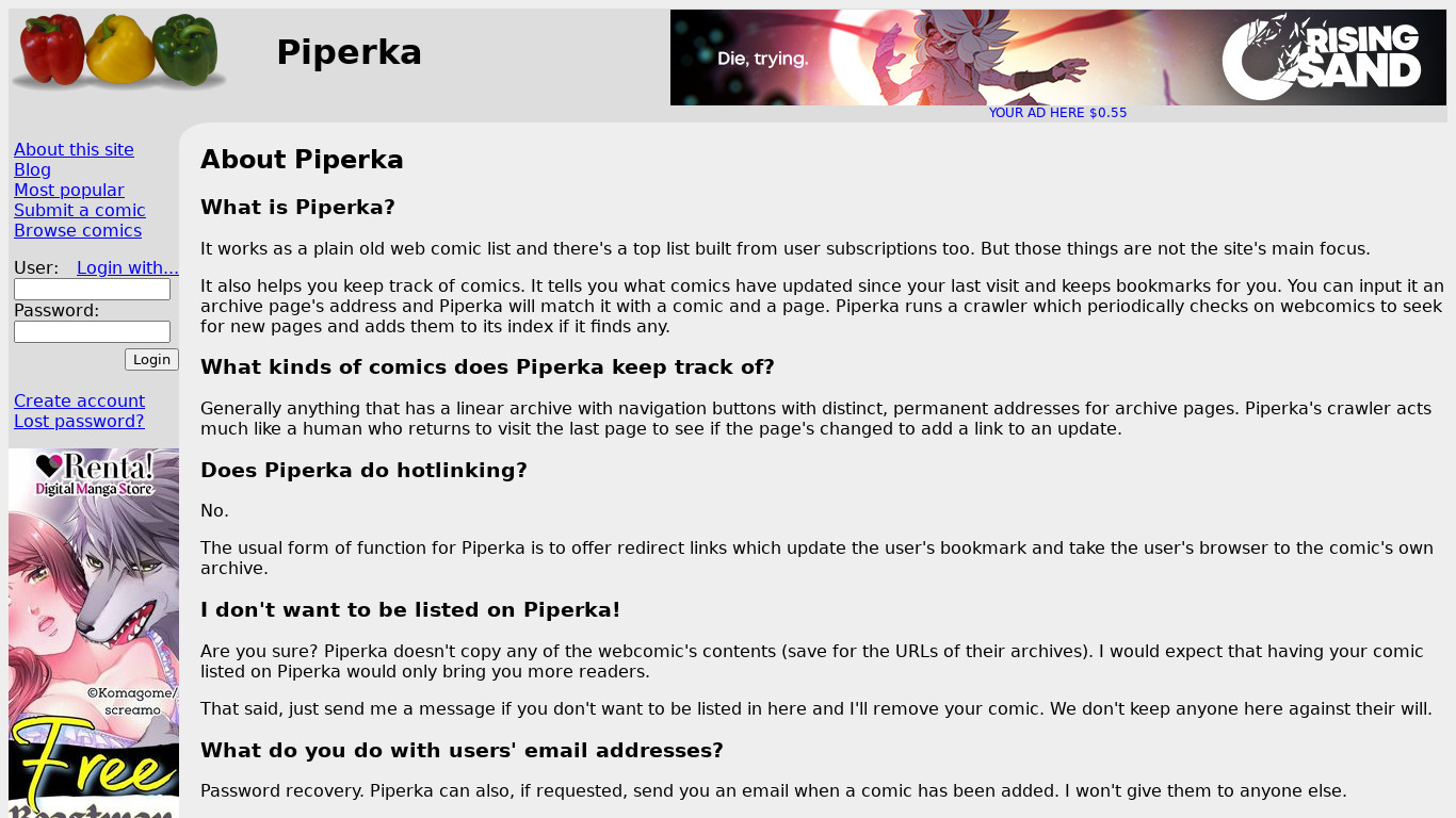 Piperka Landing page