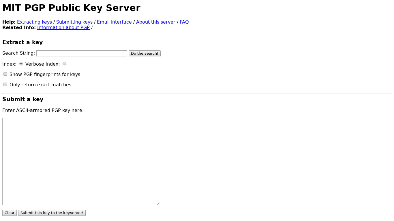 MIT PGP Public Key Server Landing page