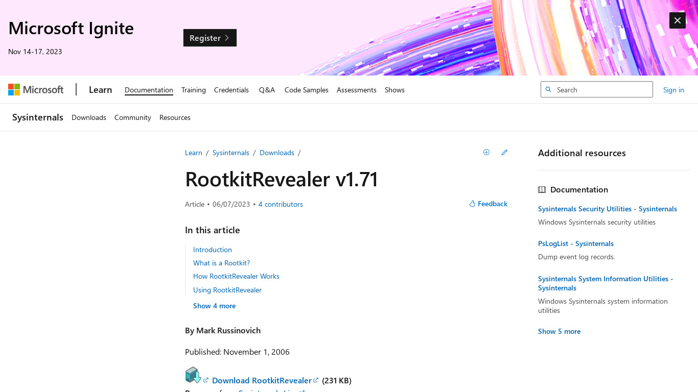 RootkitRevealer Landing page