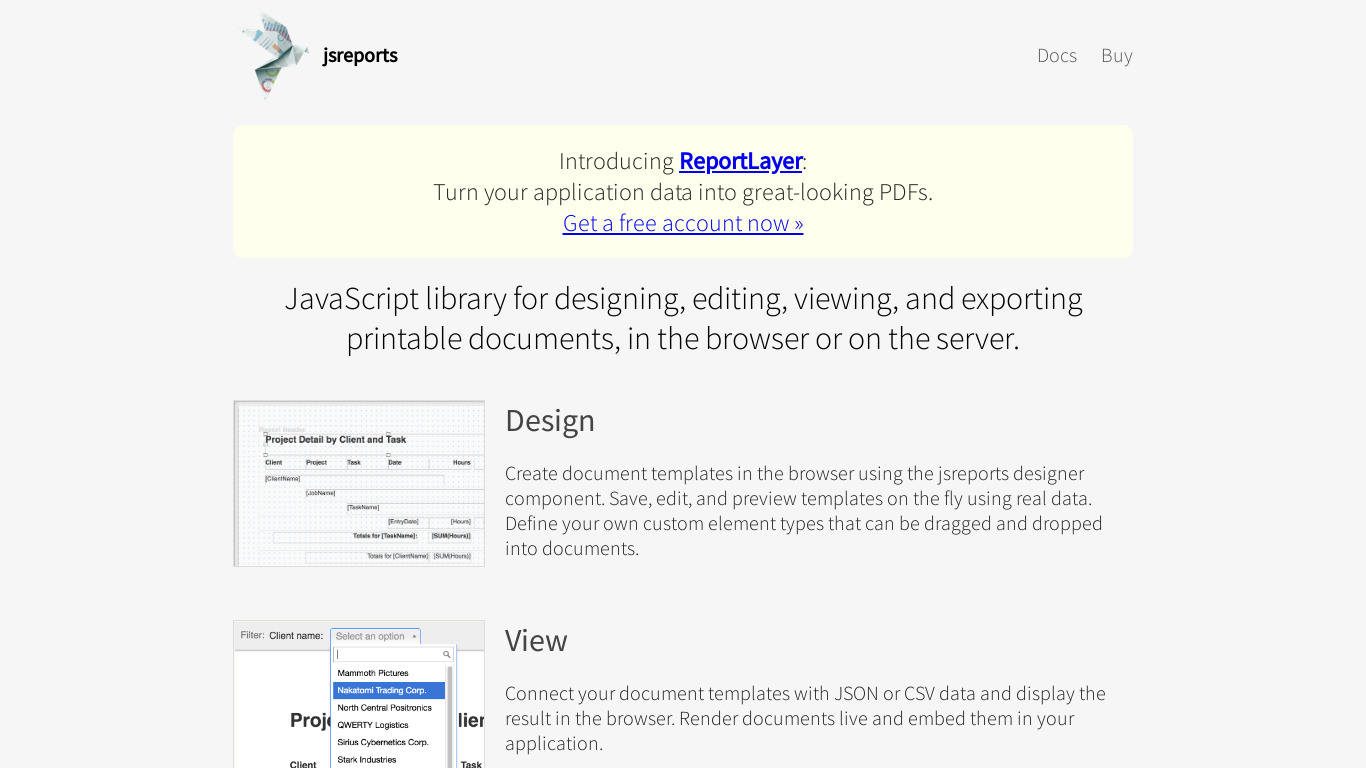 jsreports Landing page