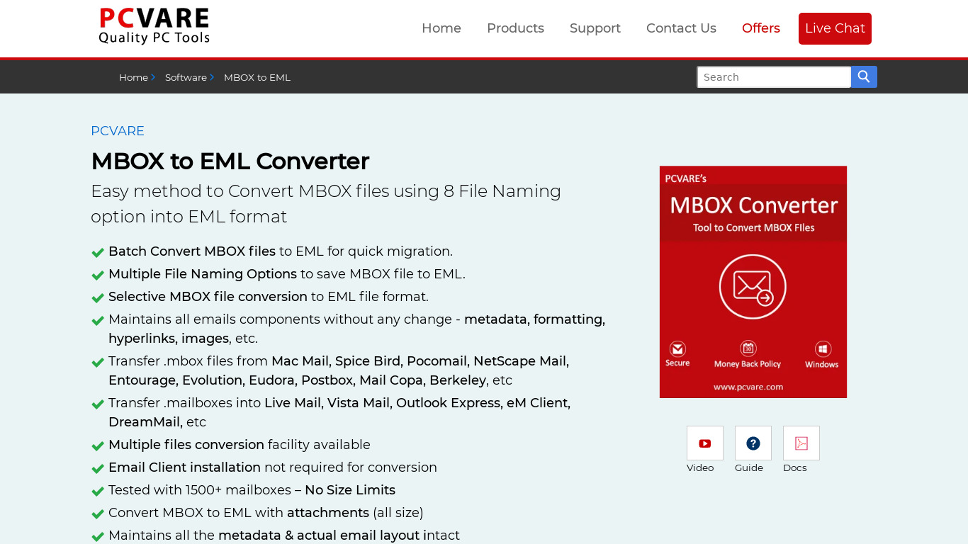 PCVARE MBOX to EML Converter Landing page