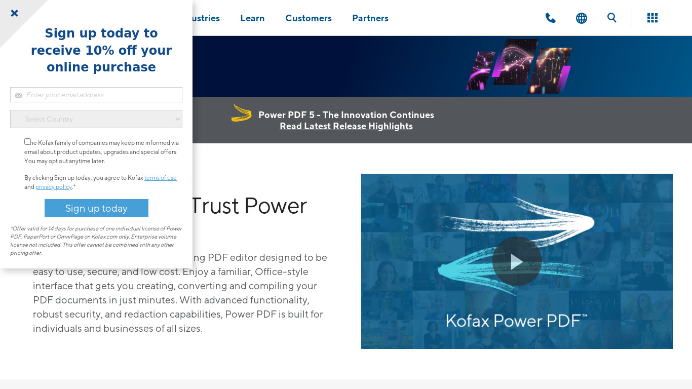 Kofax Power PDF Landing page