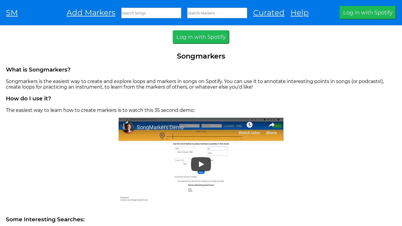 SongMarkers Landing page