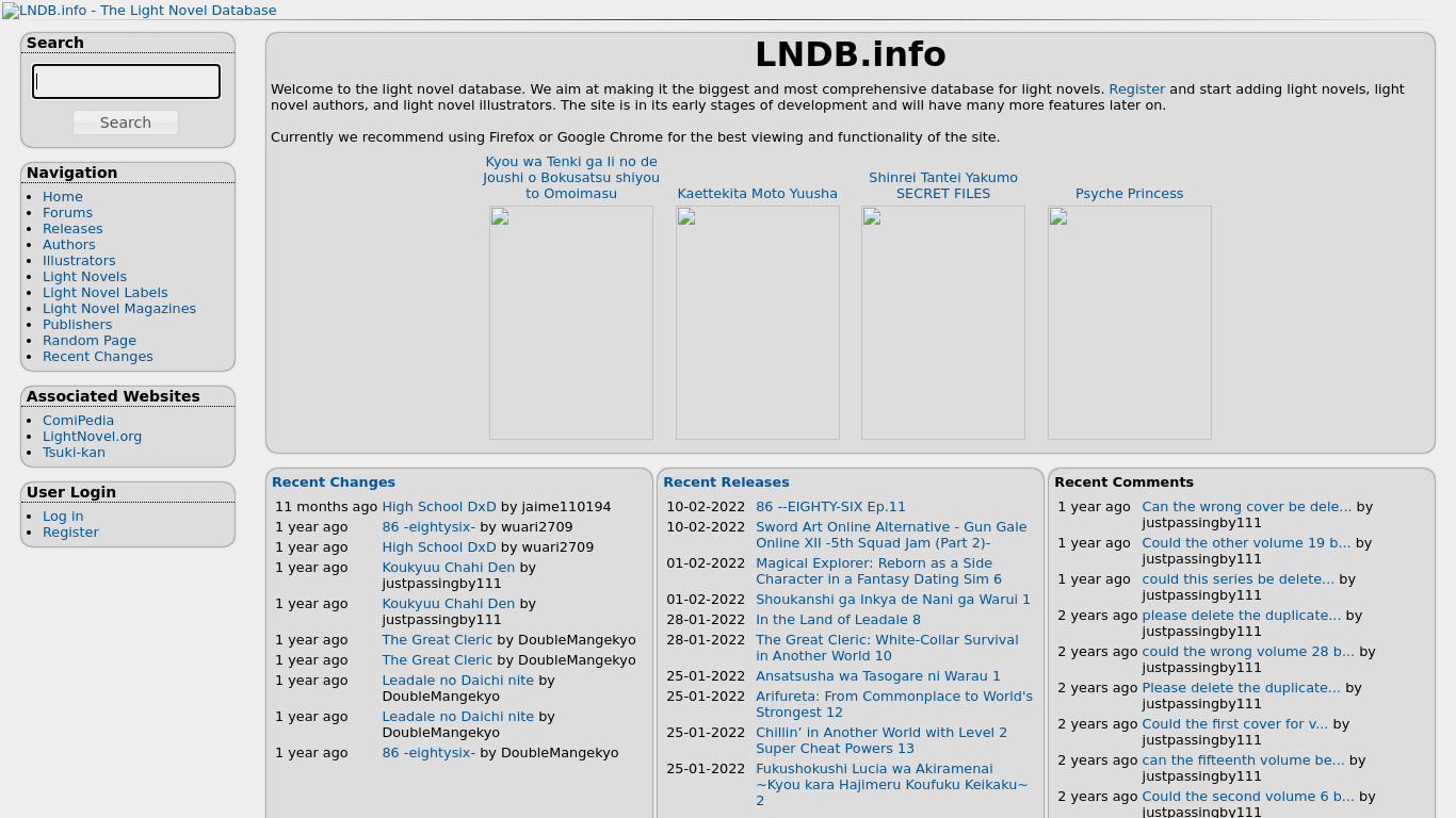 The Light Novel Database Landing page