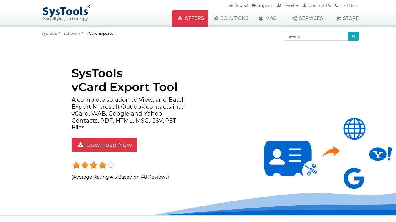 SysTools vCard Export Landing page