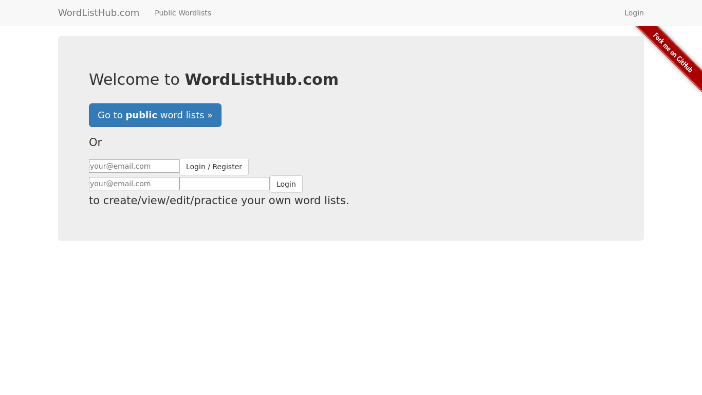 WordListHub.com Landing page