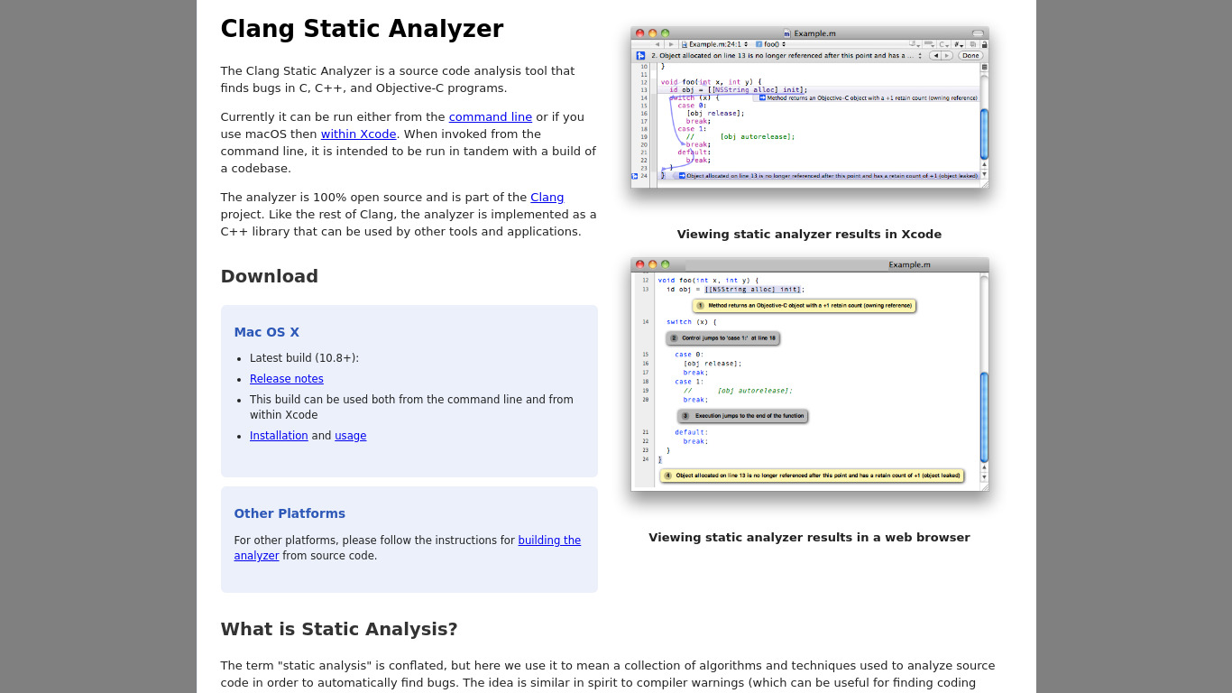 Clang Static Analyzer Landing page