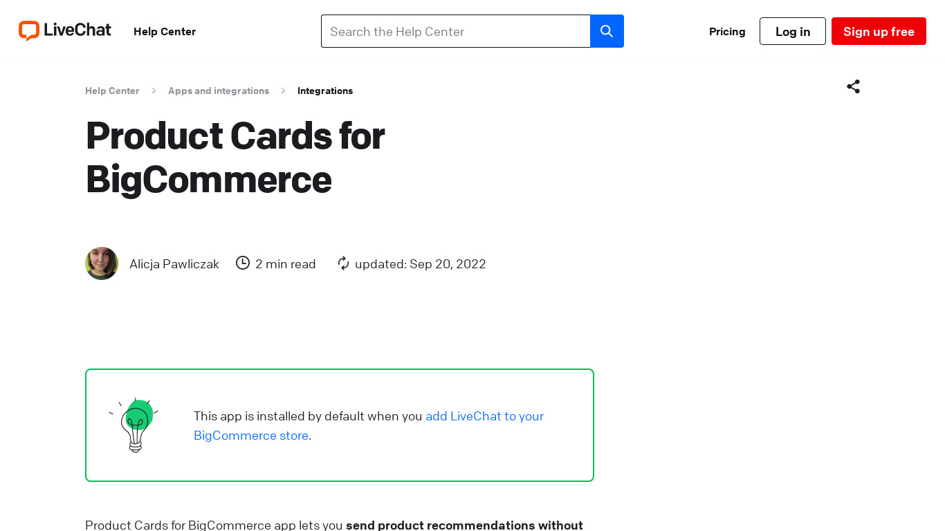 LiveChat Product Cards for BigCommerce Landing page