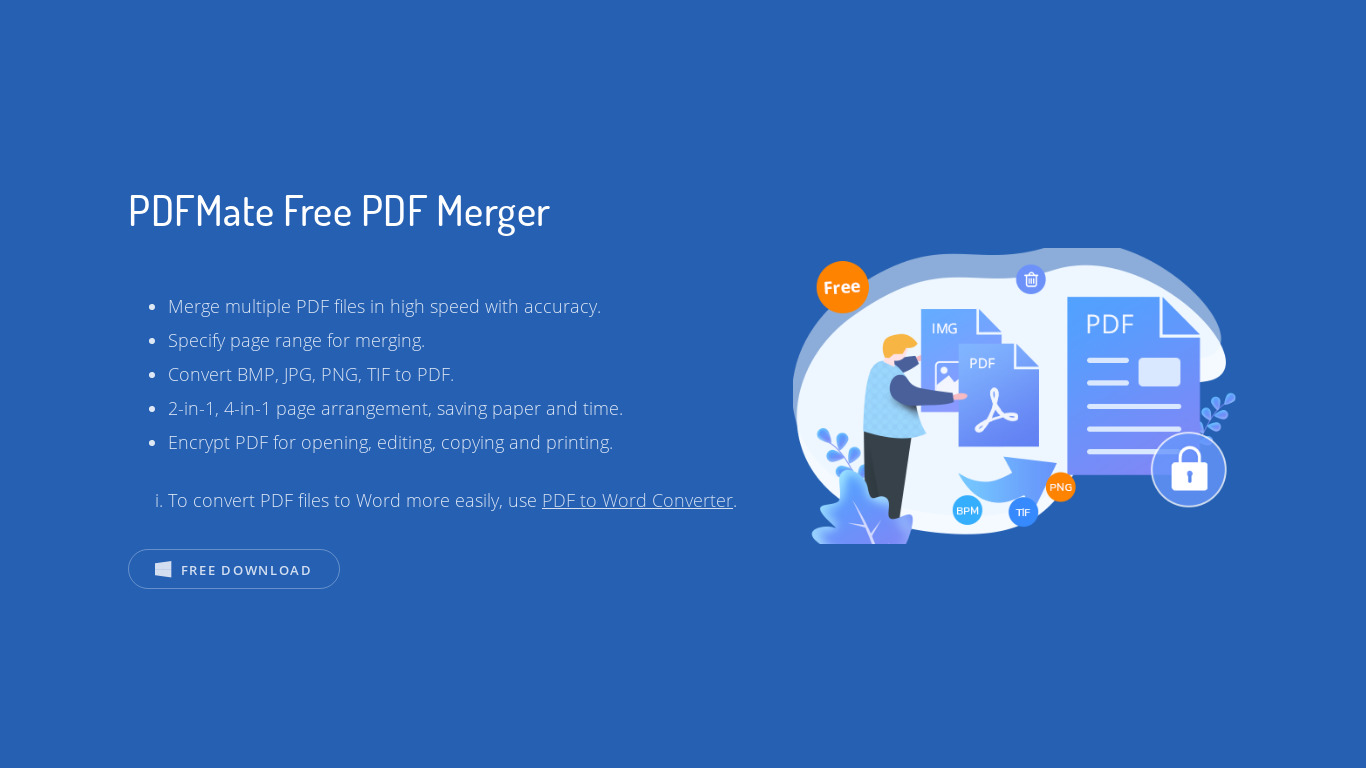 PDFMate Free PDF Merger Landing page