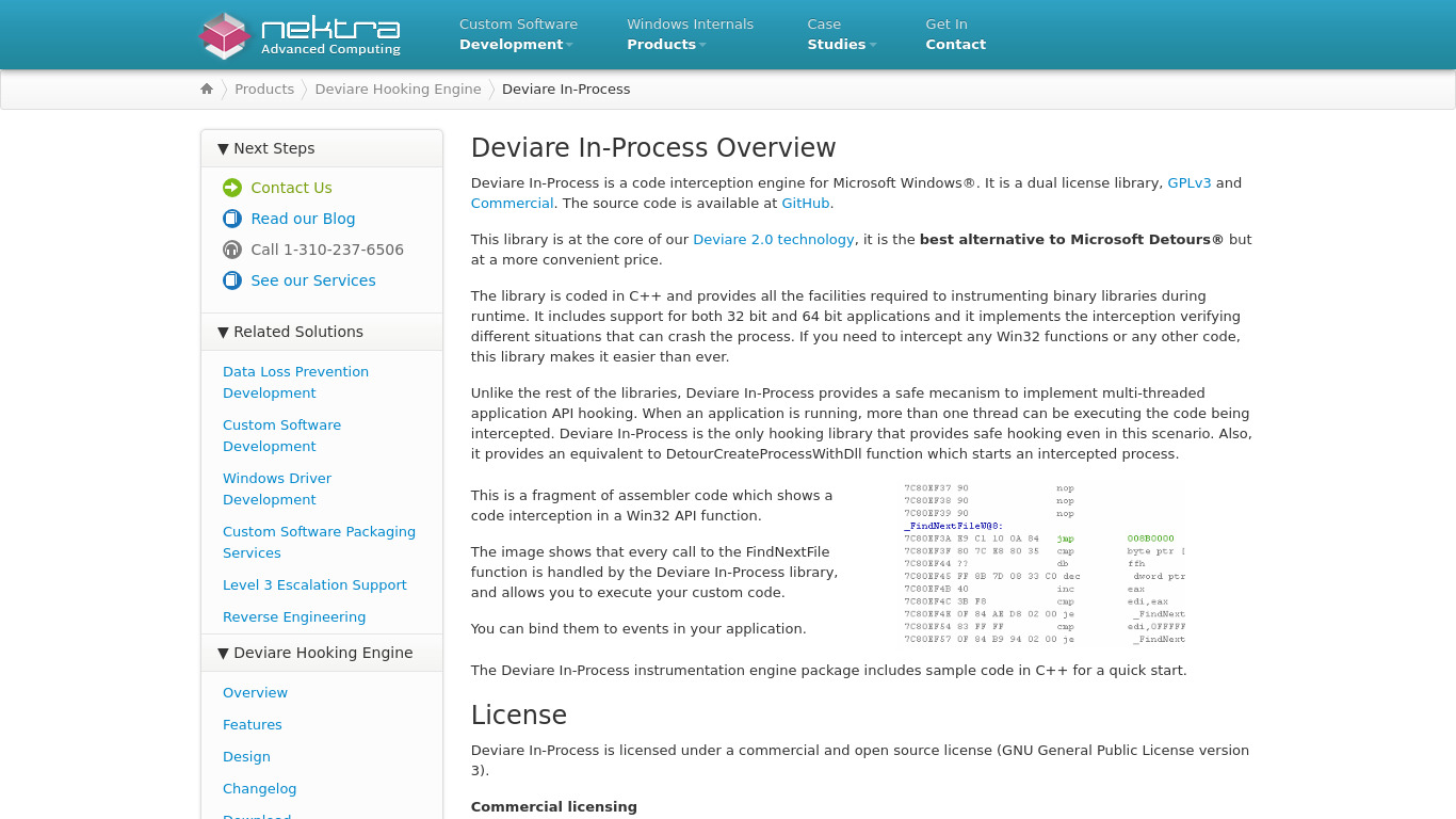 nektra.com Deviare In-Process Landing page