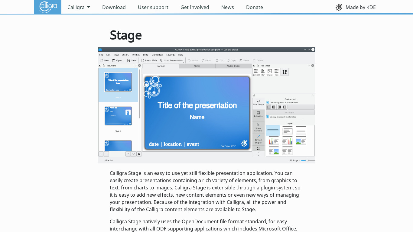 Calligra Stage Landing page