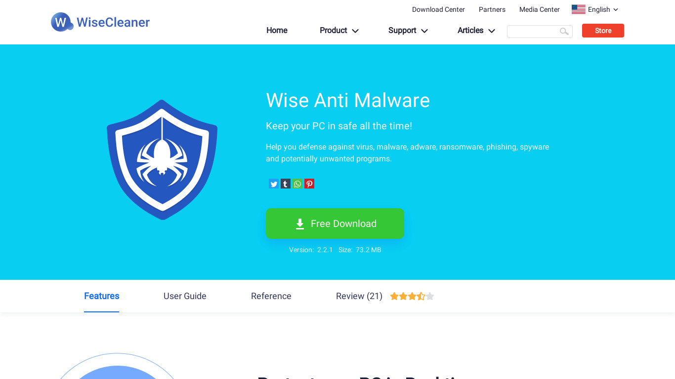 Wise Anti Malware Landing page
