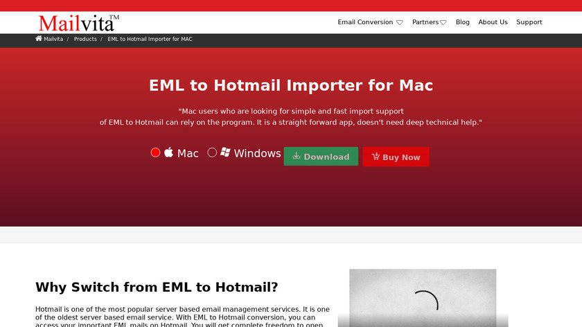 Mailvita EML to Hotmail Landing Page