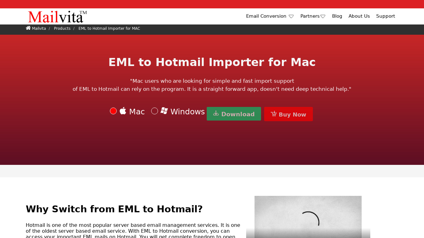 Mailvita EML to Hotmail Landing page