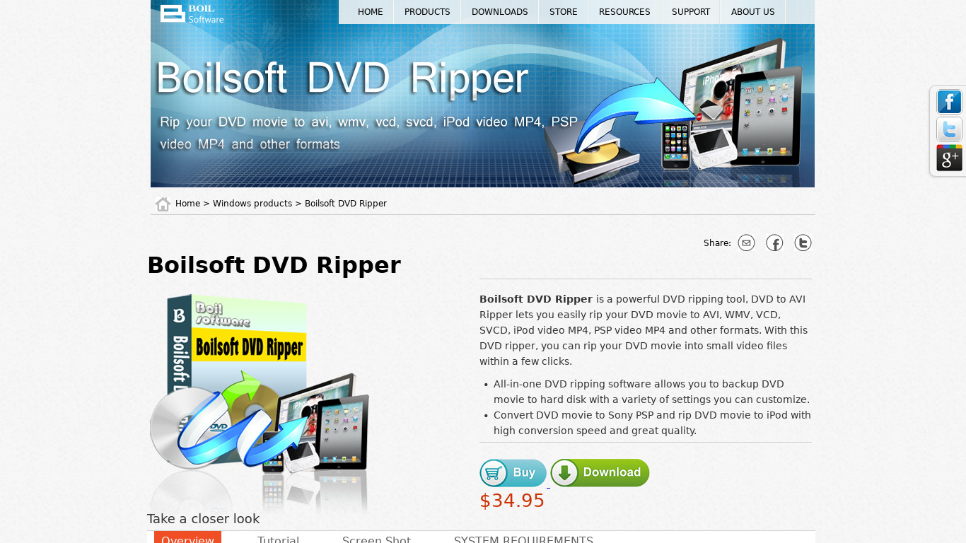 Boilsoft DVD Ripper Landing page