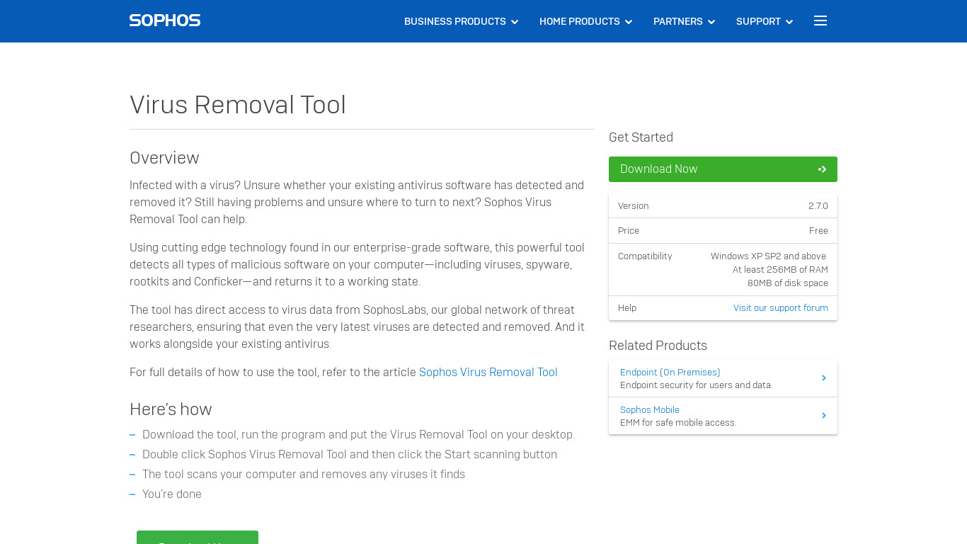 Sophos Virus Removal Tool Landing page