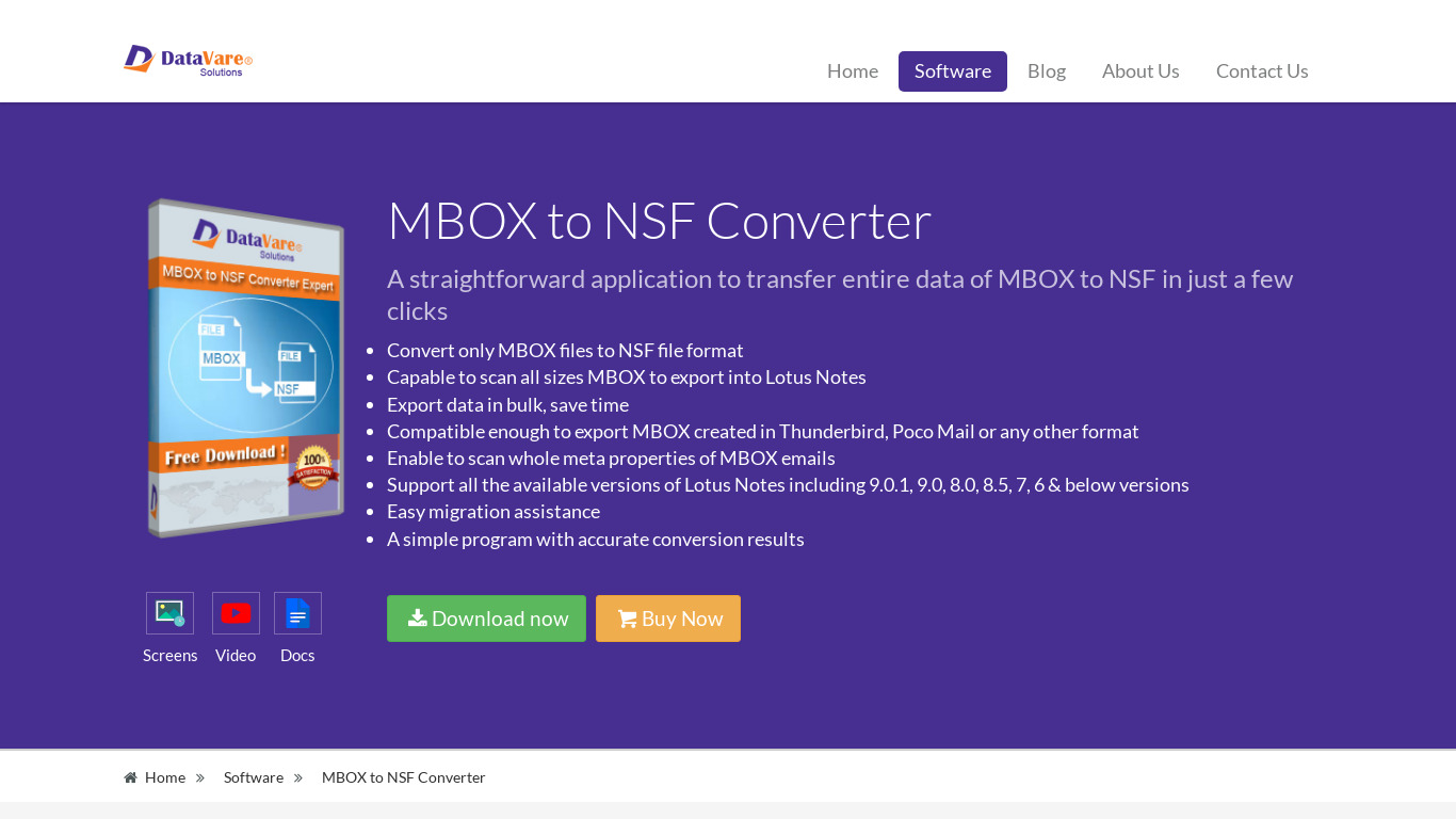 DataVare MBOX to NSF Converter Landing page