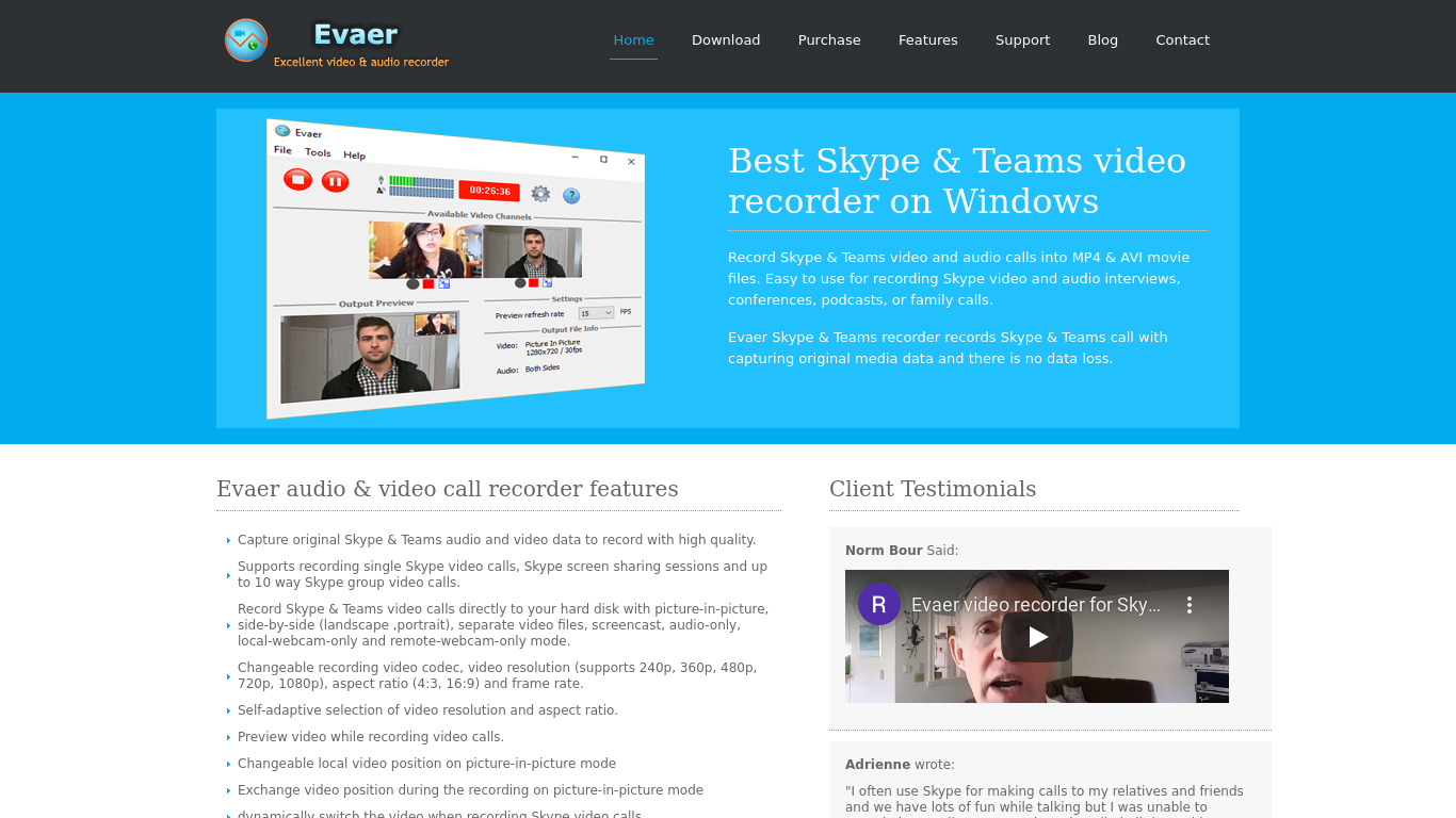 Evaer Skype Video Recorder Landing page