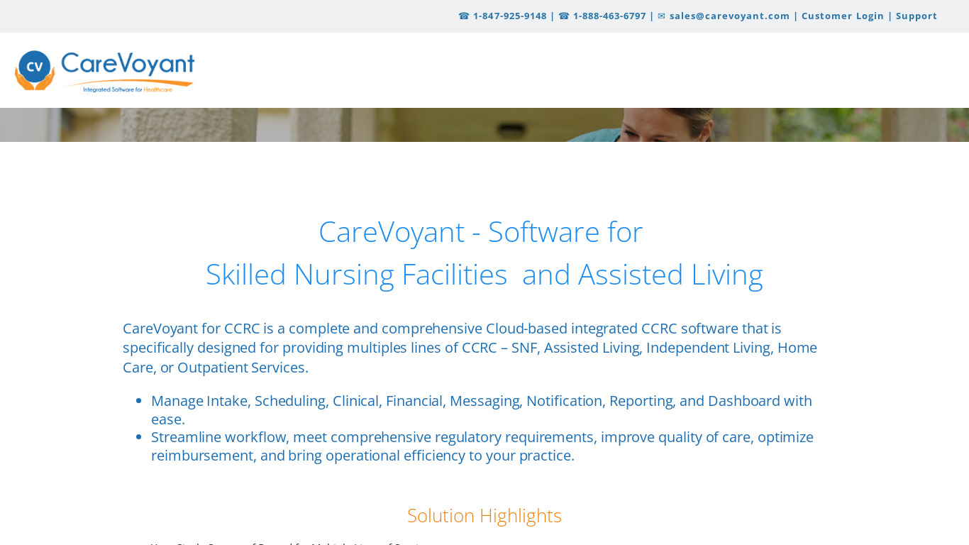 CareVoyant for Long Term Care Landing page