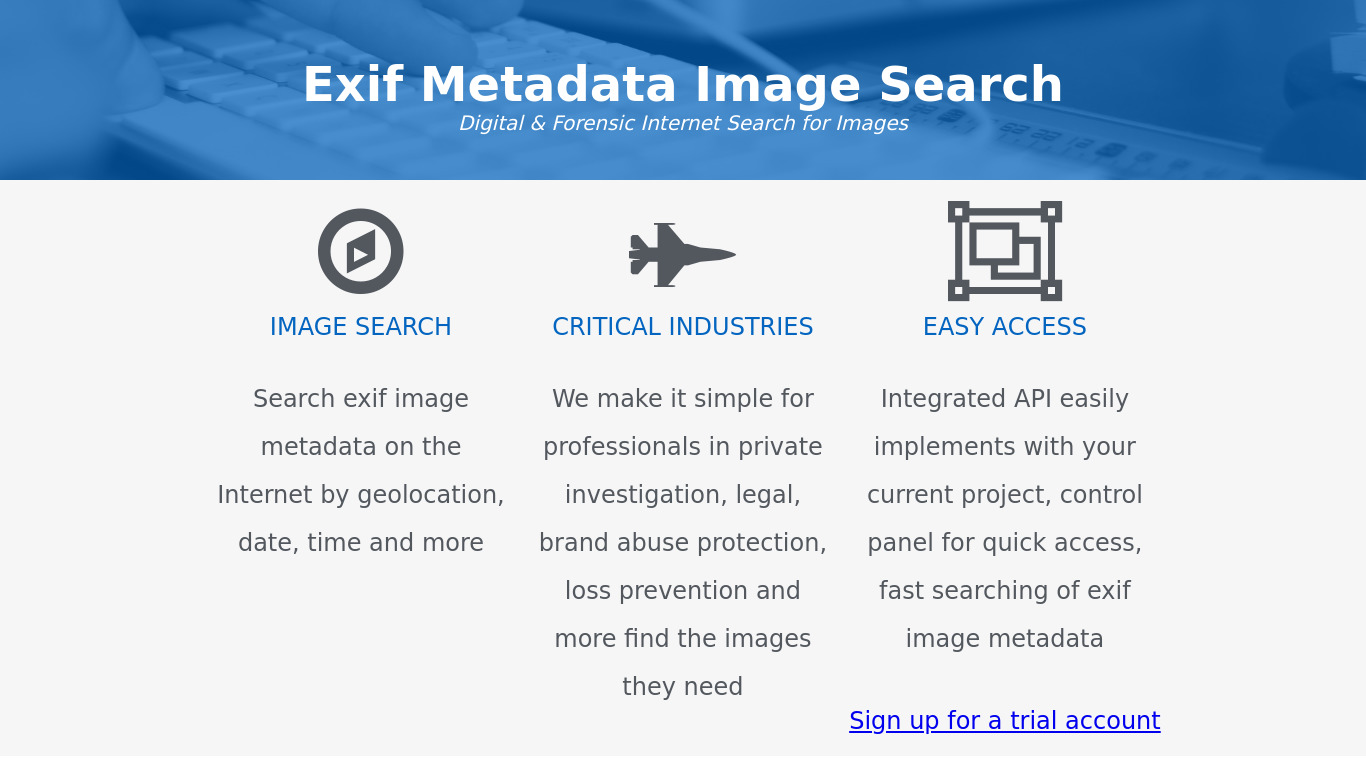 Exif Metadata Image Search Landing page