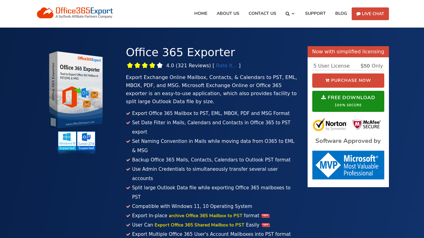 Office 365 Exporter Landing page