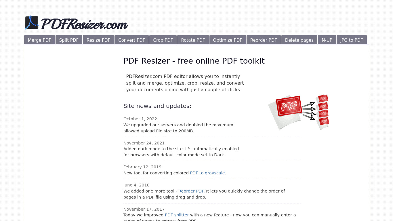 PDF Resizer Landing page