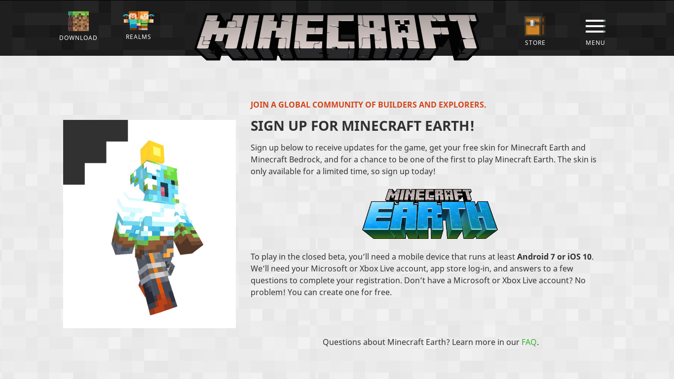 Minecraft Earth Landing page