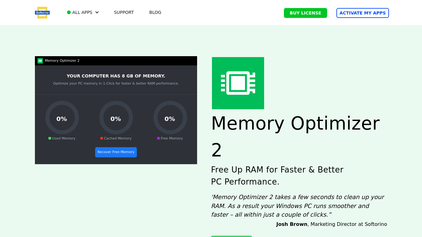 Memory Optimizer Landing page