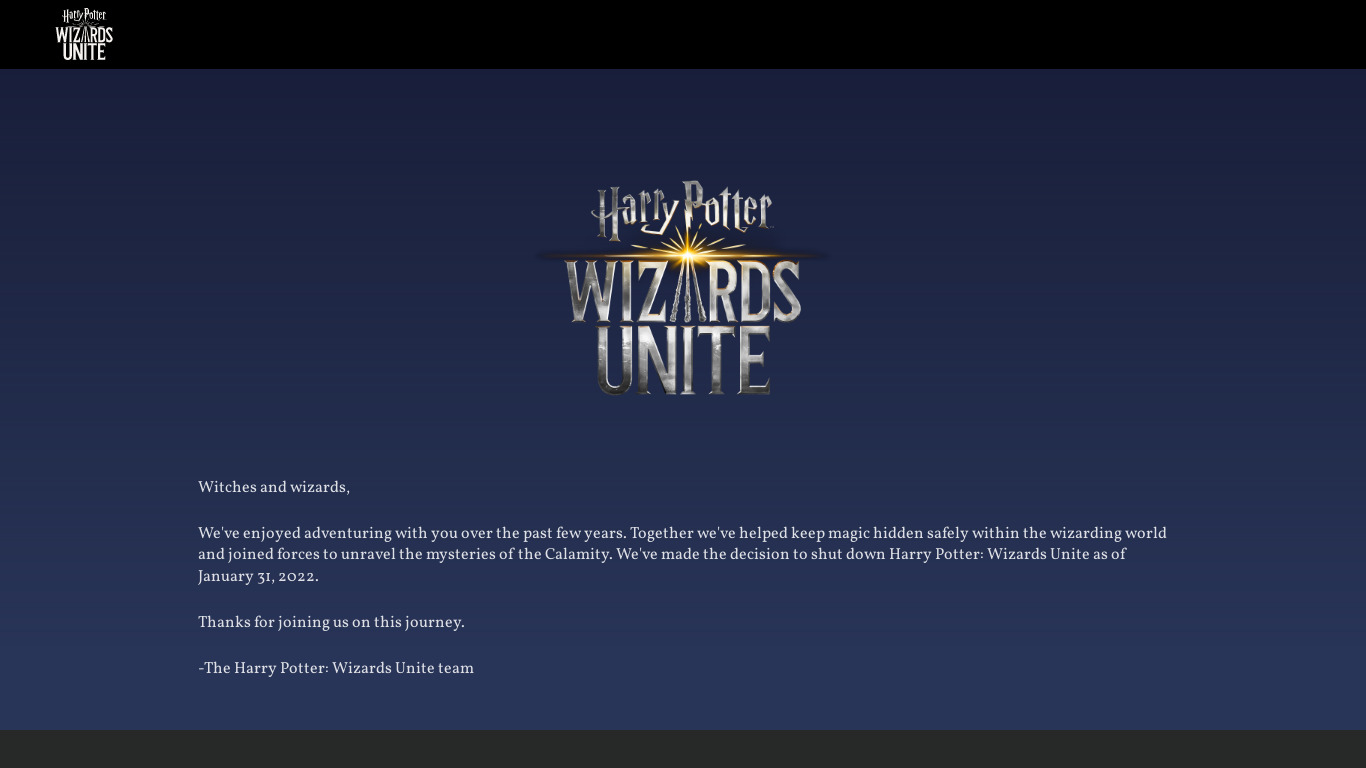 Harry Potter: Wizards Unite Landing page