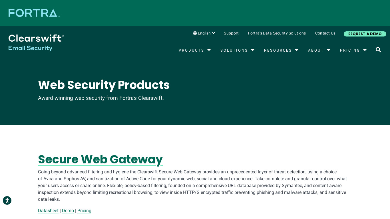Clearswift SECURE Web Gateway Landing page