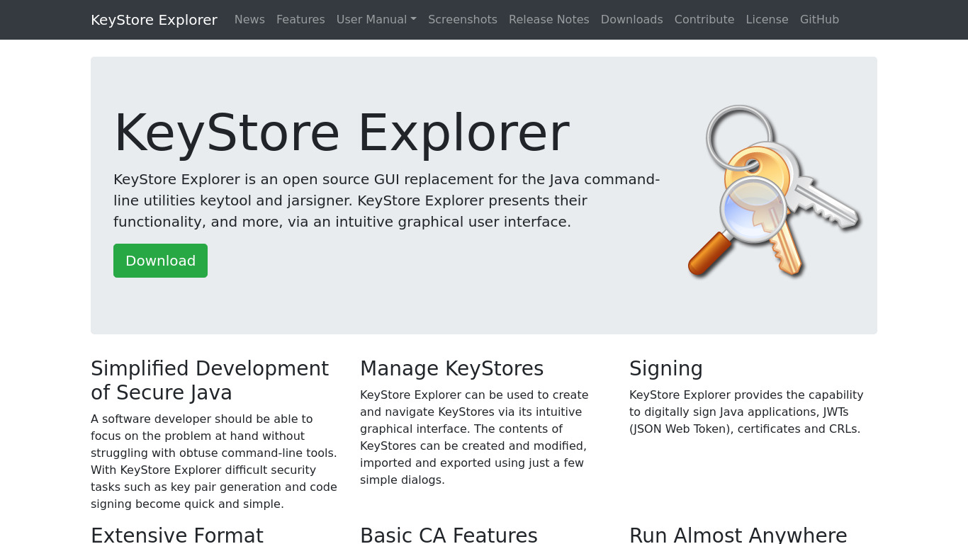 KeyStore Explorer Landing page