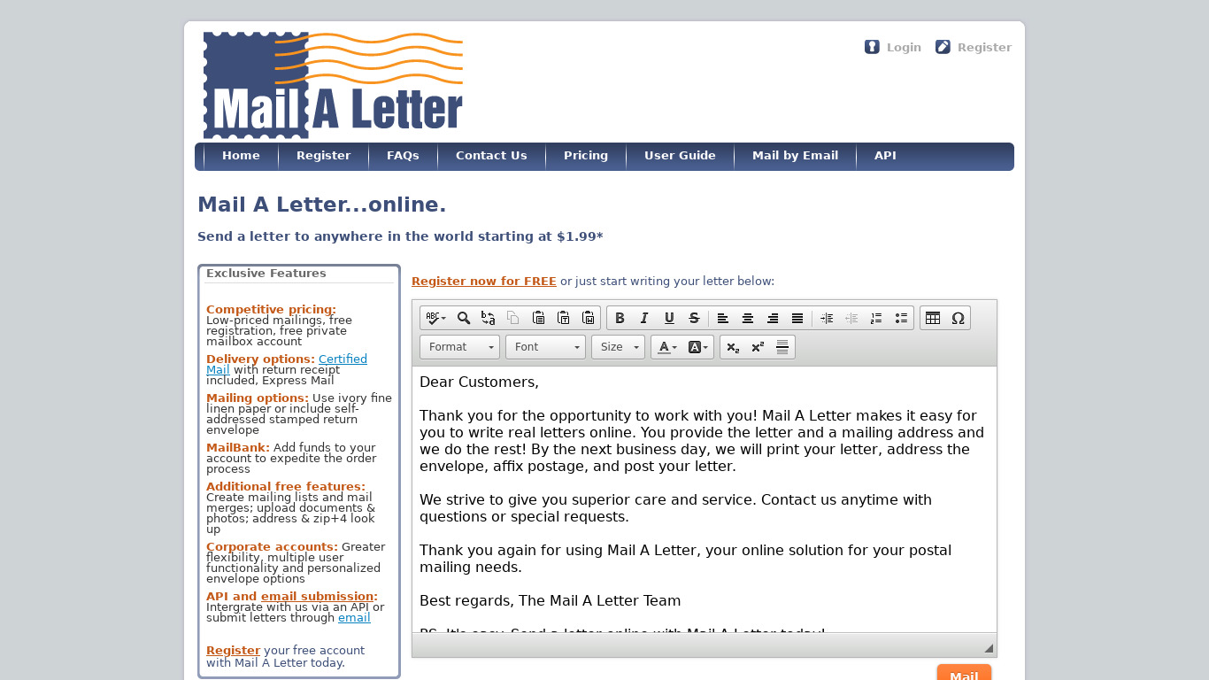 Mail A Letter Landing page