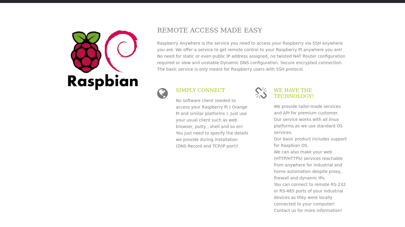 Raspberry Anywhere Landing page