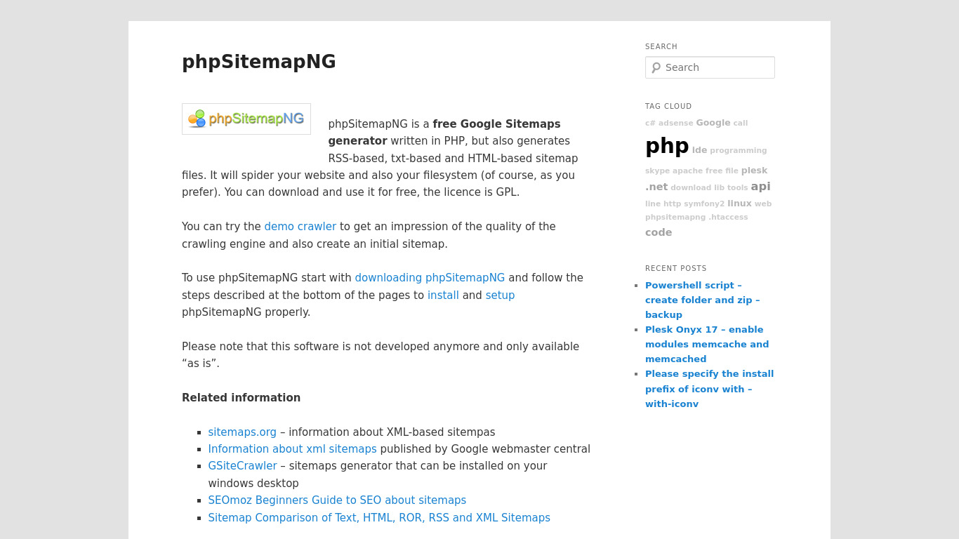 phpSitemapNG Landing page