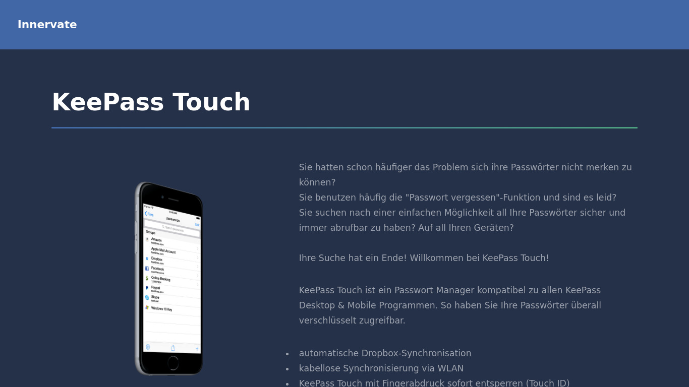 KeePass Touch Landing page
