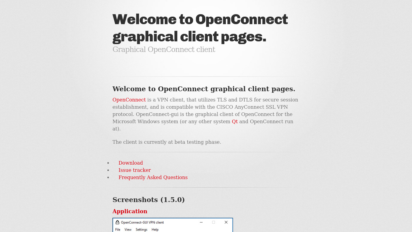 OpenConnect GUI Landing page