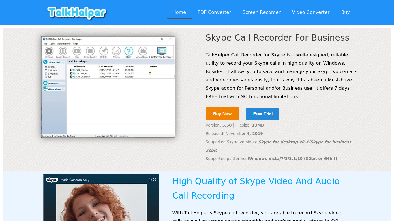 PrettyMay Call Recorder for Skype Landing page