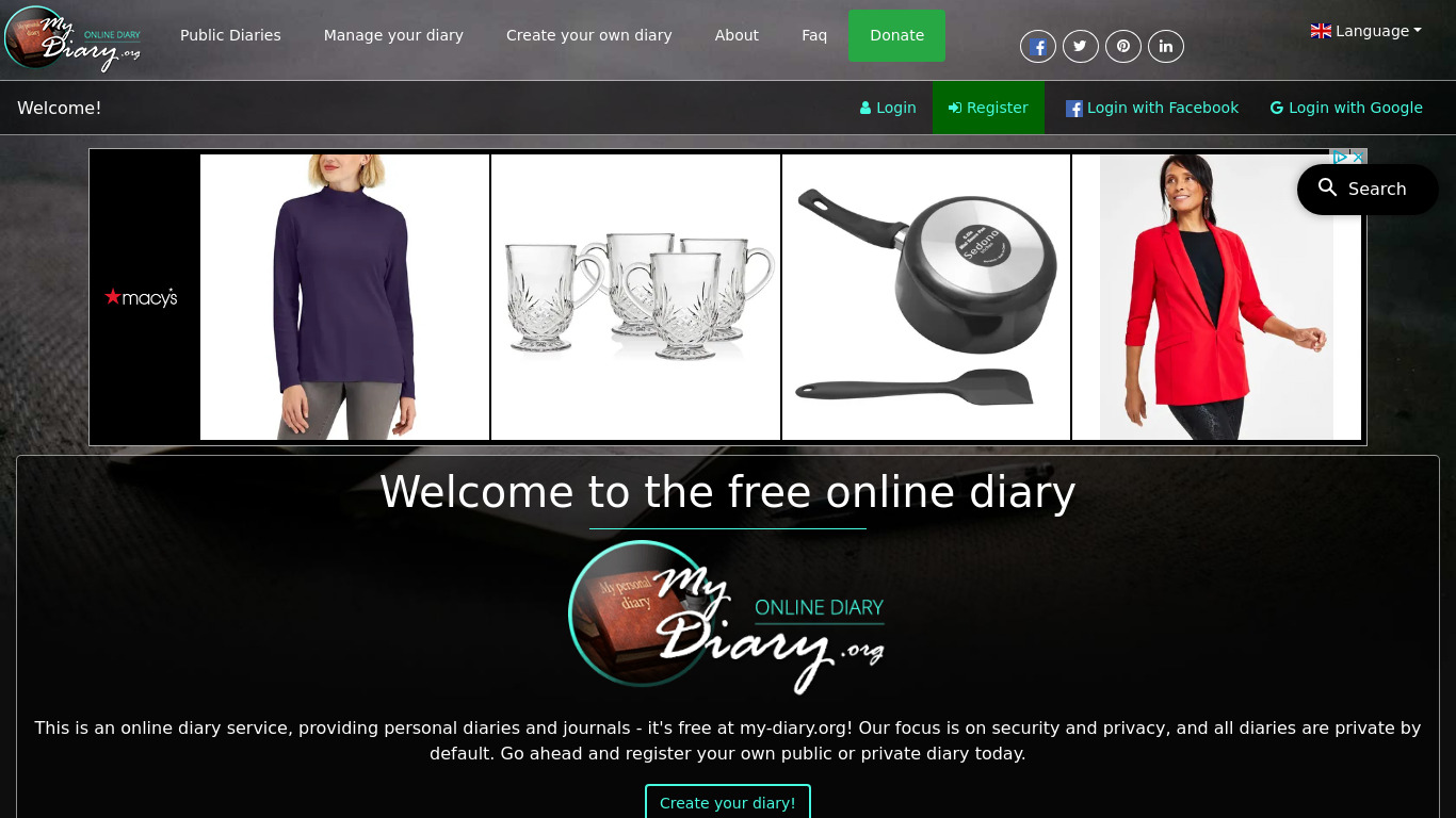 my-diary.org Landing page
