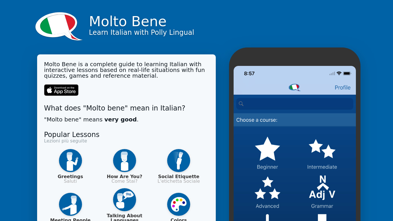 Learn Italian - Molto Bene Landing page