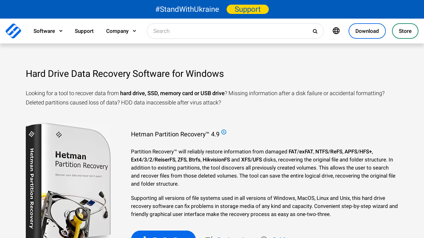 Hetman Partition Recovery Landing page