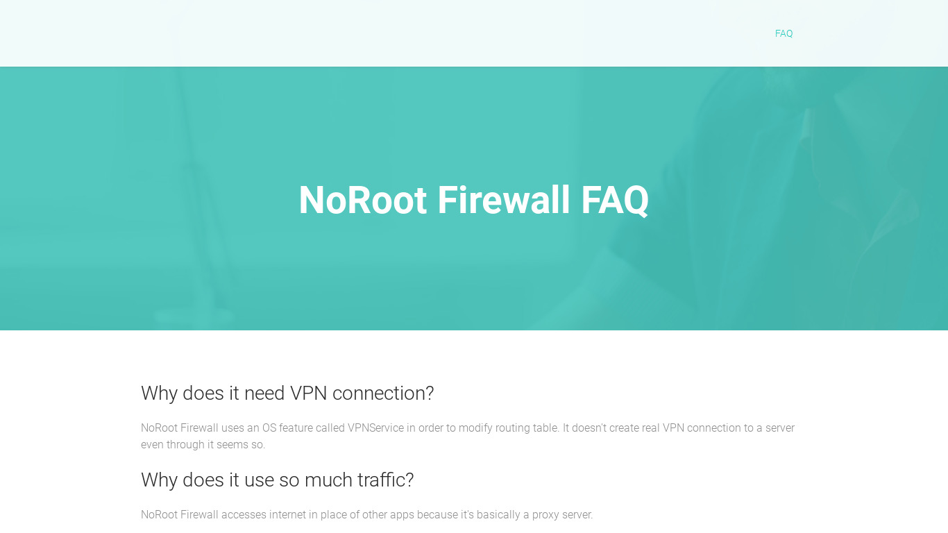 NoRoot Firewall Landing page