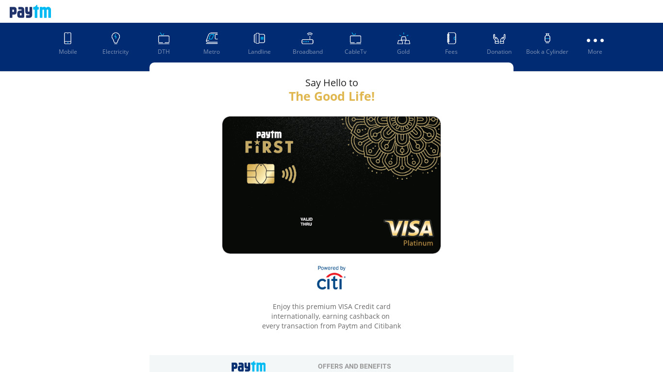 Paytm First Credit Card Landing page